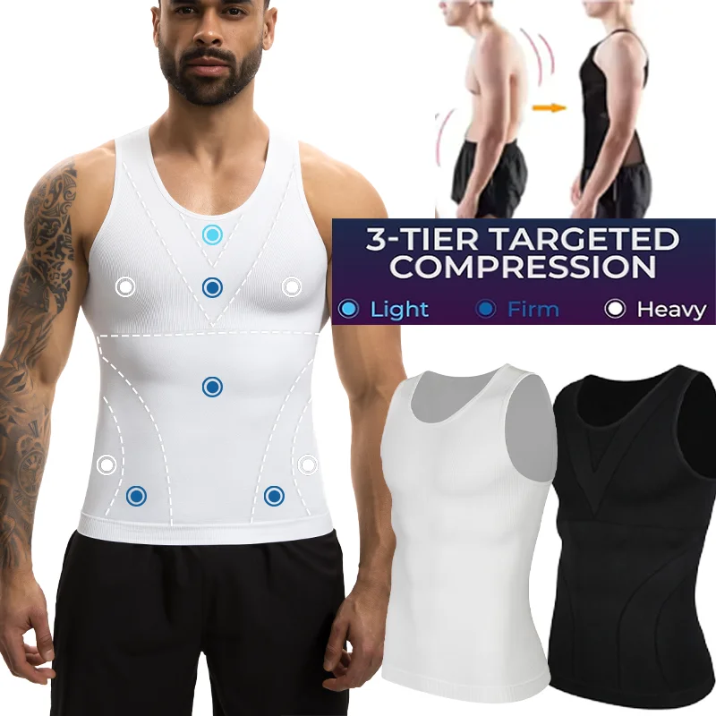 Men's Compression Shapewear Deep U Neck Underwear Soft 3 Tier Compression Tummy Control Tank Top Breathable Sleeveless Vest
