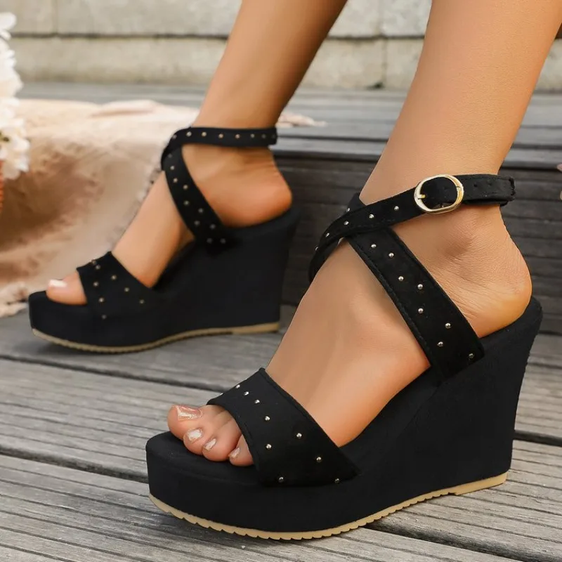 

Women Wedge Sole Sandals Summer Open Toe Buckle Straps High Heels Shoes Thick Platform Sexy Rivets Roma Footwear Ladies Sandals