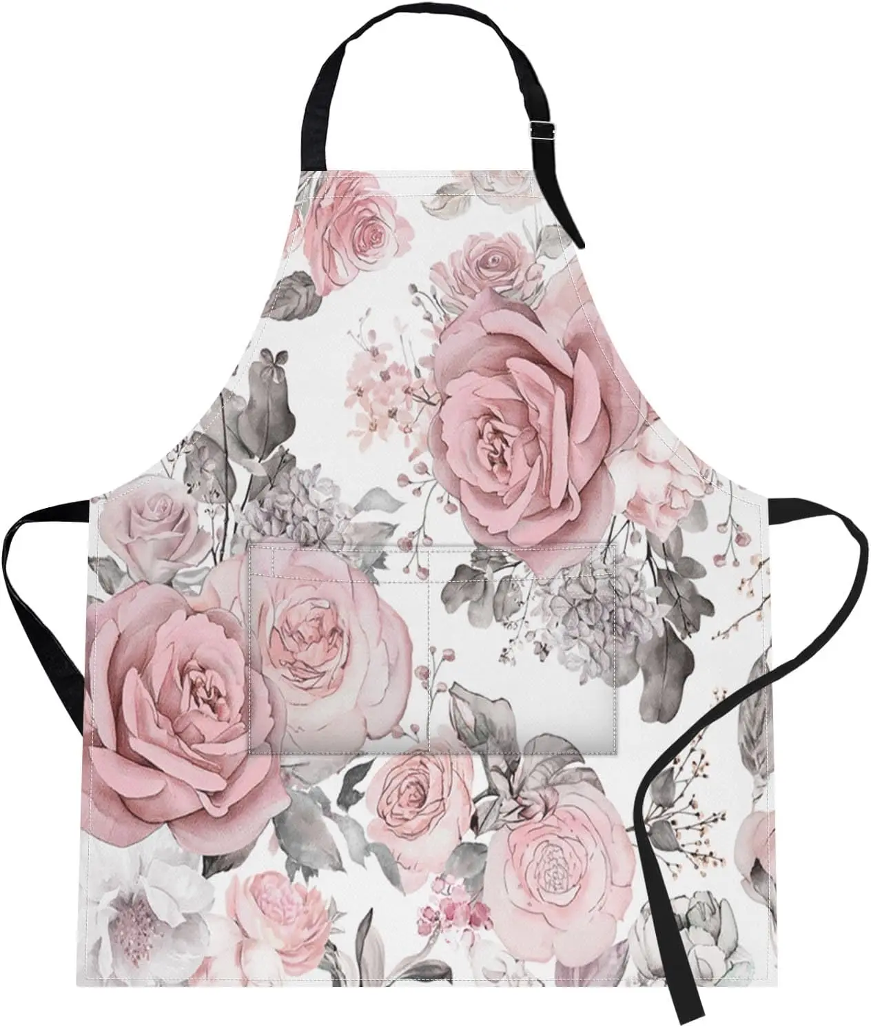 

Apron Home Kitchen Cooking Baking Gardening for Women Men with Pockets Pink Flowers Leaves Watercolor Floral 32x28 inch