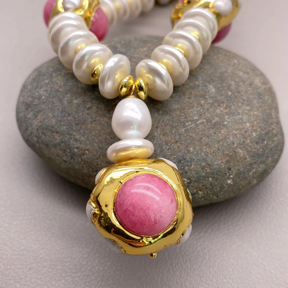 Y·YING Vintage Style Pink Jade White Sea Shell Pearl Statement Necklace Beaded Choker Necklace