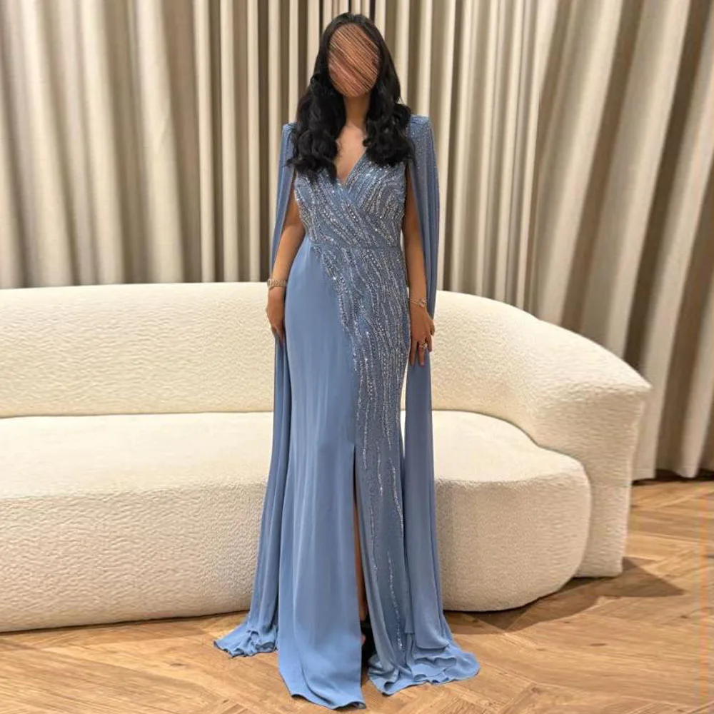 

Customized Dusty Blue Evening Dresses with Cape Sleeve Bead Sequin Formal Gown with Split Satin Mermaid Wedding Guest Dress