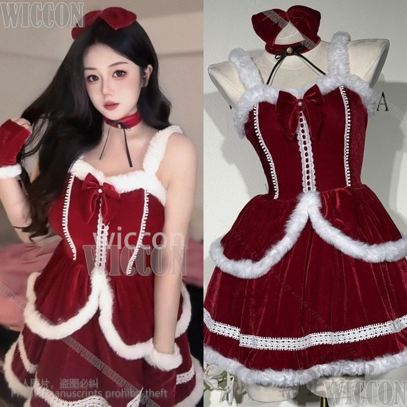 Navidad 2024 nuevo disfraz vestido de sirvienta Sexy rojo Lolita Cosplay Anime Santa Claus lindo señoras Slim felpa Cos para niñas personalizado