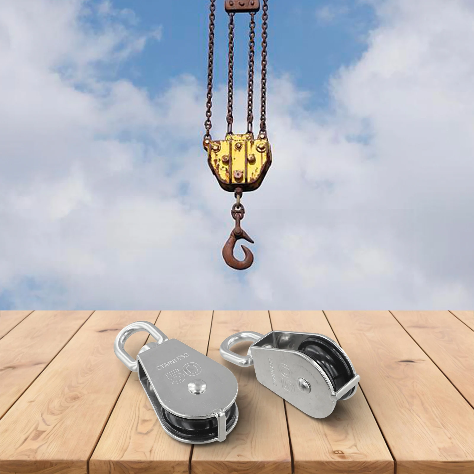 304 Stainless Steel M50 Single Pulley Snatch Block with 800 lbs Capacity and Smooth 360 Degree Rotation for Lifting Tasks