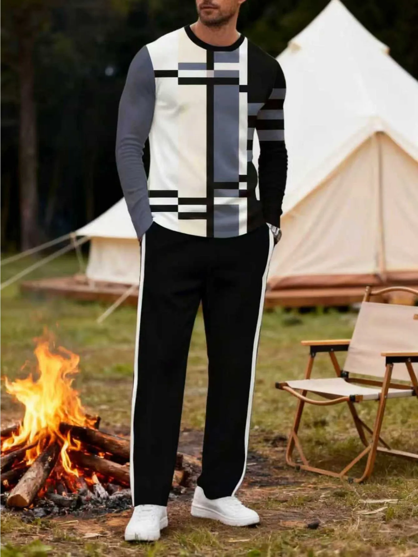 طقم بغطاء للرأس عصري مطبوع رقميًا للرجال مكون من قطعتين