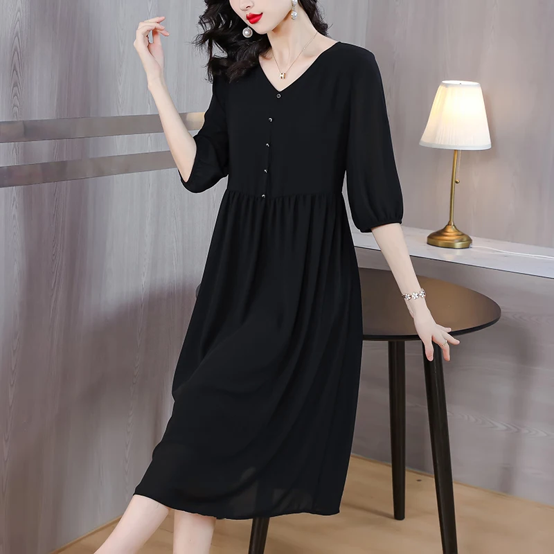 

Fashionable Black Mesh Dress Women 2023 Spring New V-neck Korean Version Dress Elegant High Quality Casual Dress Women Vestidos