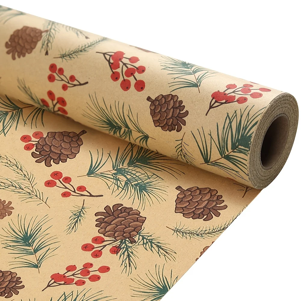 1 rollo de papel de embalaje navideño Vintage, hoja de regalo navideña con cono de pino, regalos, decoraciones, decoración rústica para vacaciones en casa