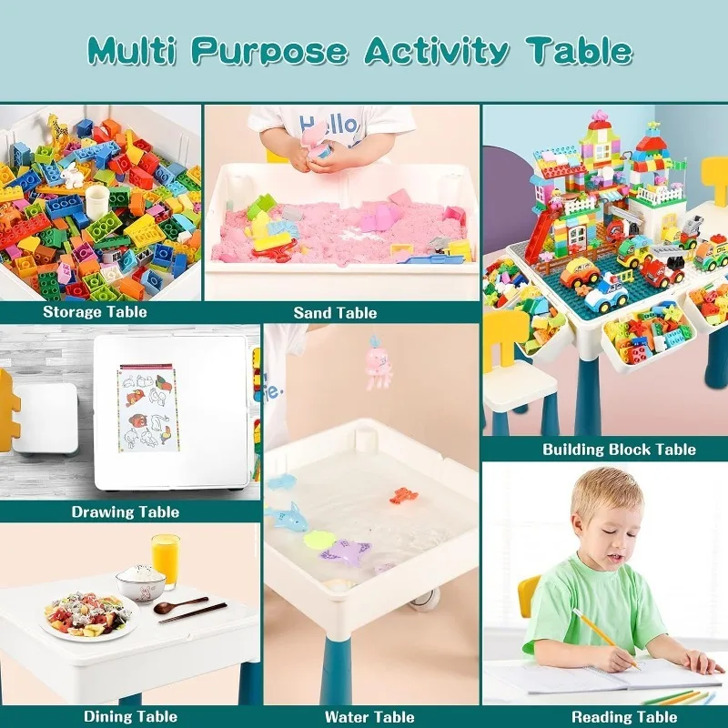 7 in1 Multi Kids Activity Table Set with 2 Chairs and 100 Pcs Large Size Blocks Compatible with Large Classic Blocks,Water Table