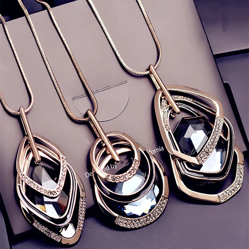 Gold&Silver Color Rhinestone Long Necklace Vintage Punk Triangle Square Oval Crystal Glass Pendant Necklaces Women Jewelry