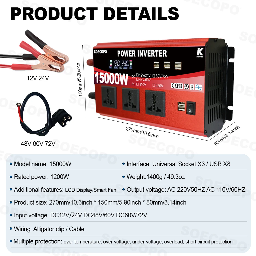 SOECOPO 15000W Car Dual - Voltage Inverter DC 12V 24V To 110V 60Hz 3 Universal Sockets 8 USB Ports Car Voltage Converter Camping