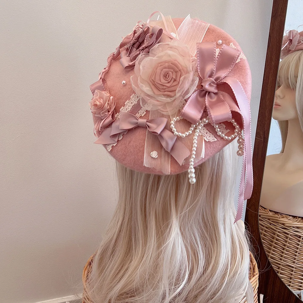 اليدوية زهور الكاميليا الصوف القبعات النمط الأجنبي تنوعا الوجه الصغيرة الدافئة براعم الرسام قبعة امرأة #3