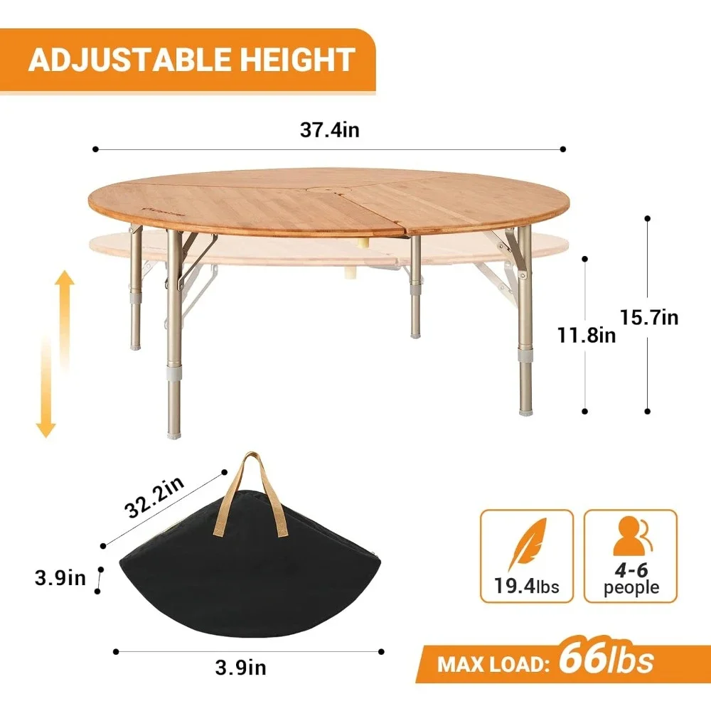 Mesa dobrável redonda mesa de acampamento para tenda teepee bell 3 dobras mesa de acampamento portátil com altura ajustável resistente perna de alumínio