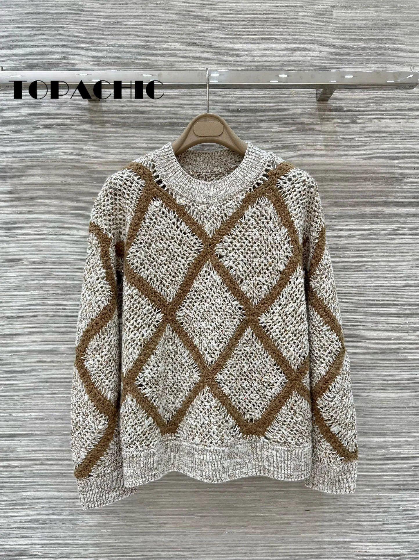 9.9 TOPACHIC Women Contrast Color Argyle Plaid Crochet Hollow Out Pullover Knitwear Wool Soft Comfortable Long Sleeve Sweater