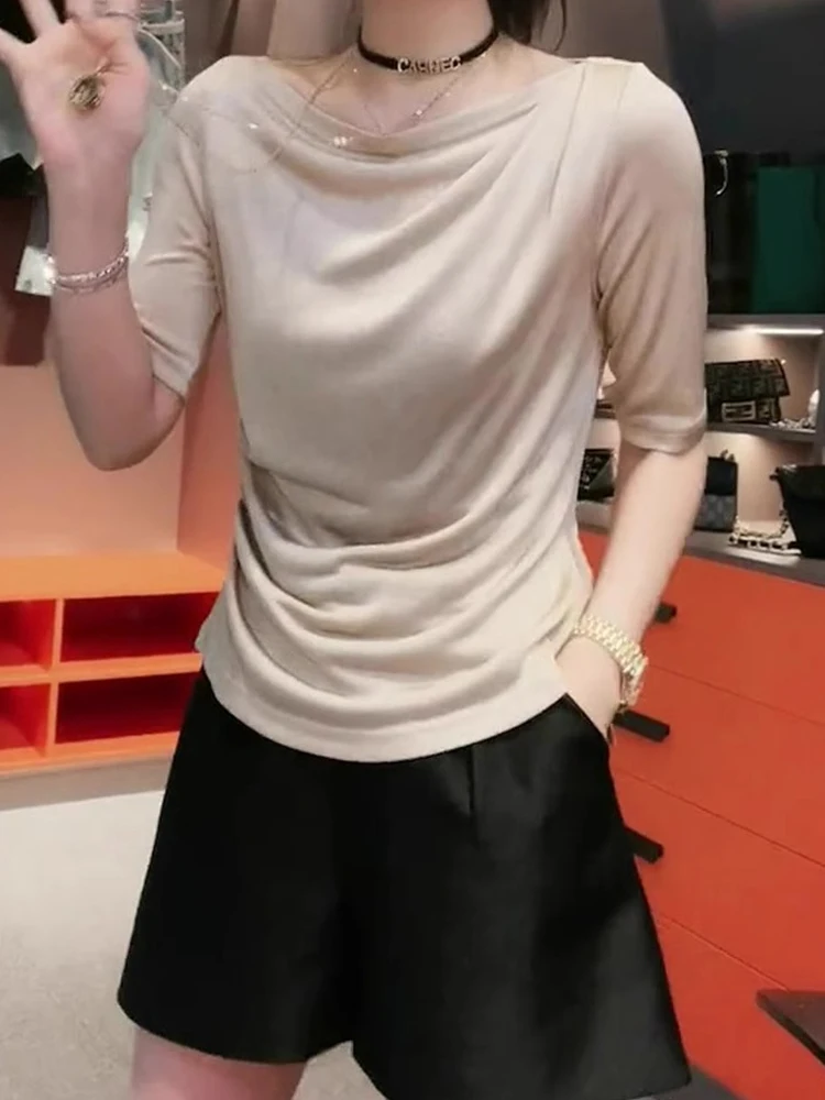 

Elegant Knitted Asymmetrical Short Sleeve T-Shirt Fashionable Gathered Overhead Top Versatile Casual Wear for Women