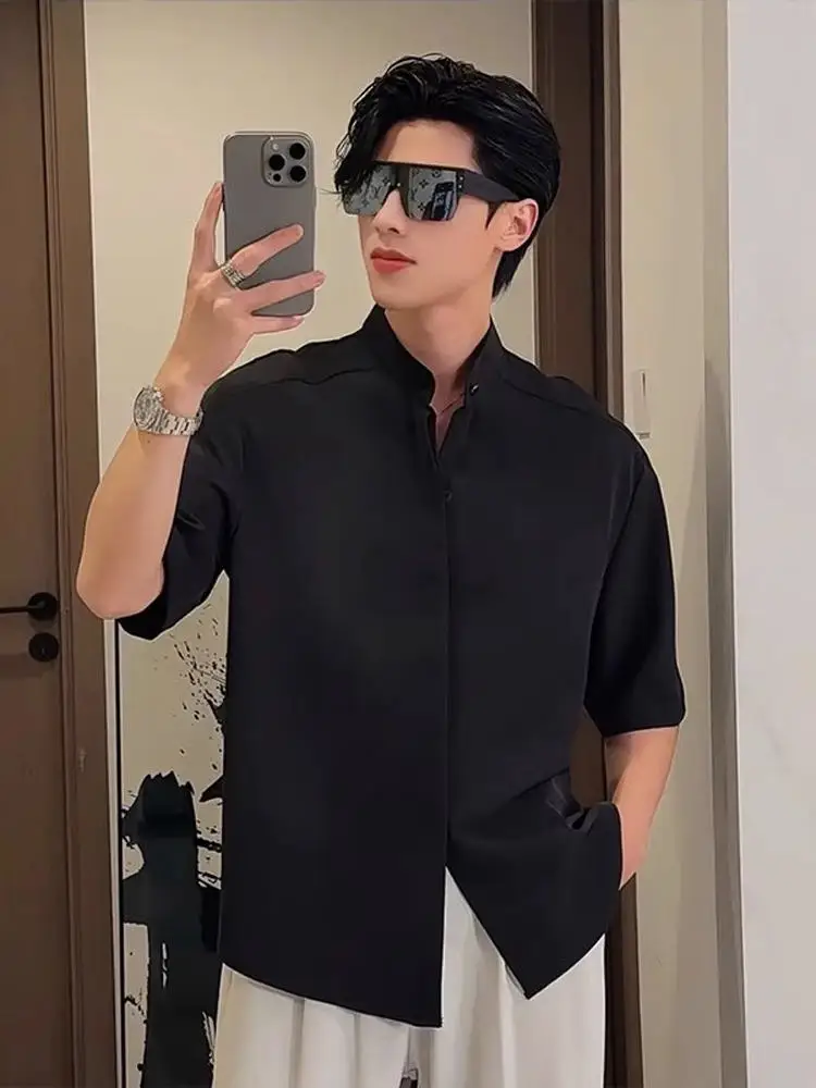 

Ice Silk Short Sleeve Shirt Men's Summer Thin Five Sleeve Stand Collar T-Shirt Breathable Lightweight Polyester Fiber Casual ...
