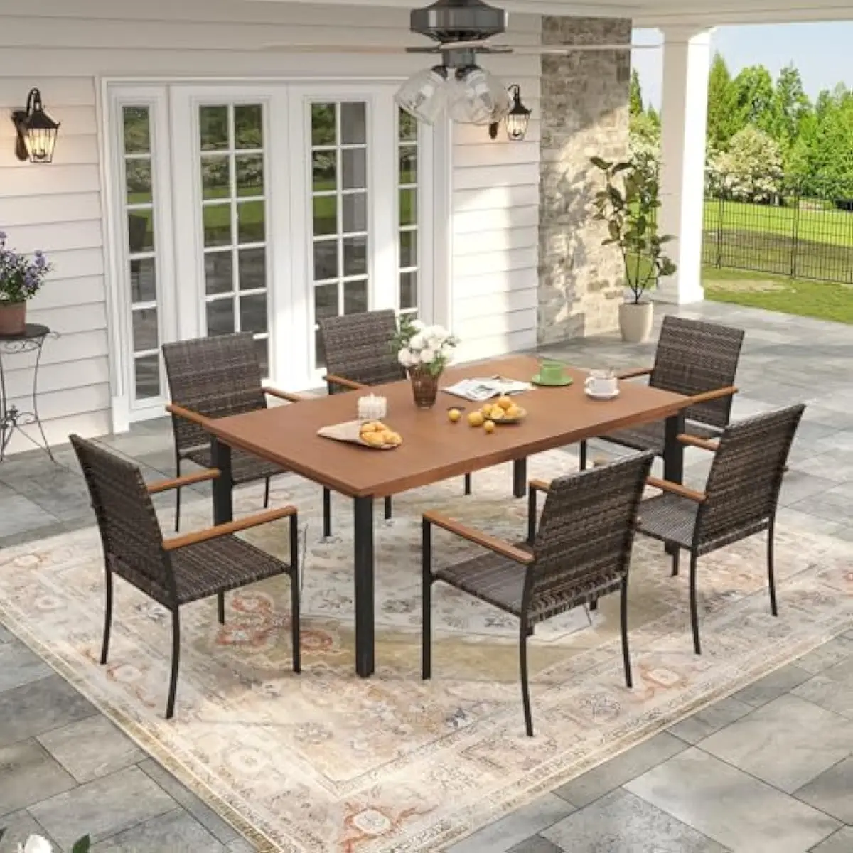 Modern 6-Piece Outdoor Dining Ensemble Featuring UV-Resistant PE Wicker Chairs with Stackable Design and Powder-Coated Metal Tab