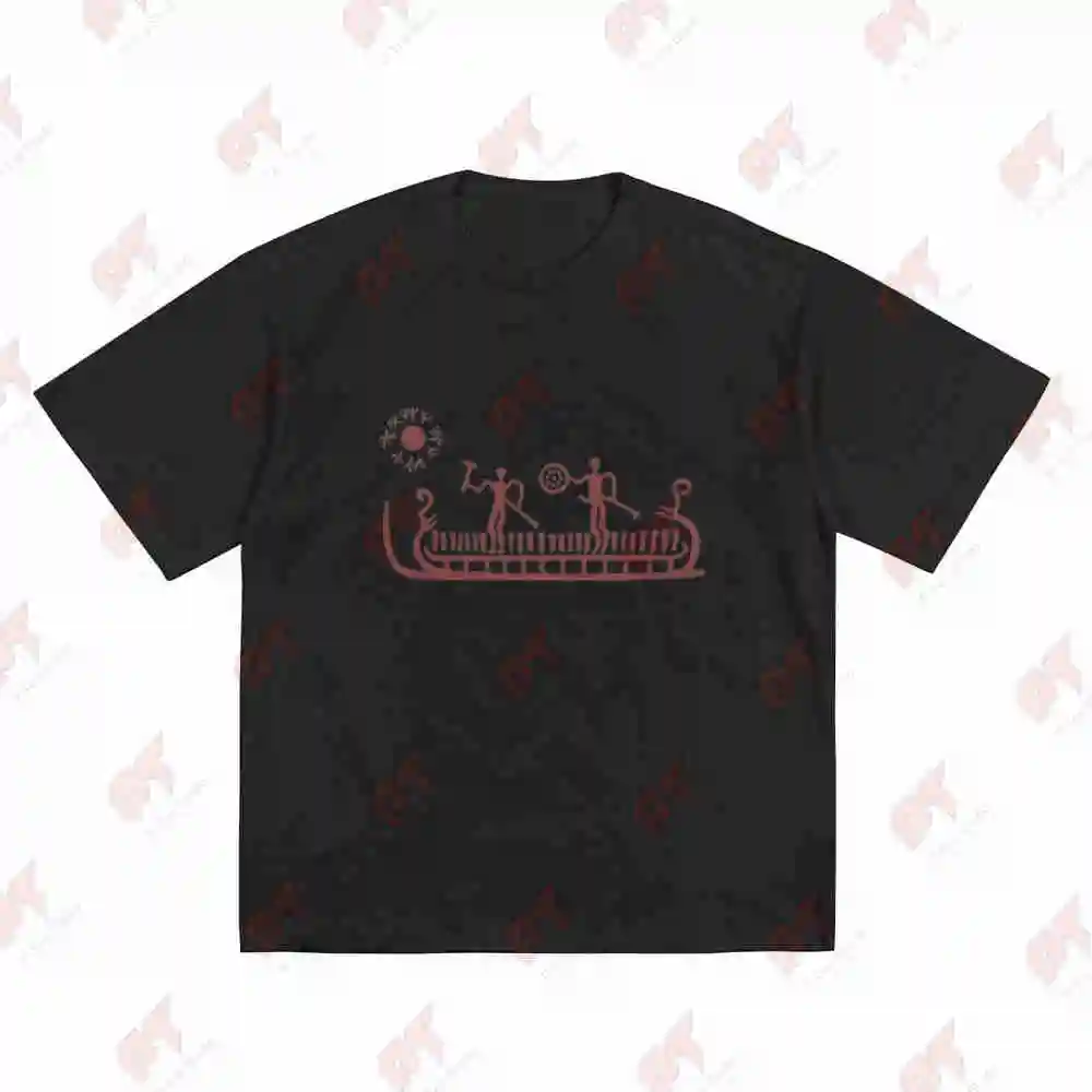 Norse Petroglyphs Viking Longship Bronze Age Nordic Rock Carvings Short Sleeve Tee 100% Cotton T-Shirt