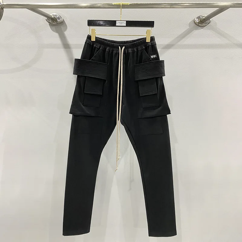 High Street Rick Long Pants for Man Streetwear Women Pants Y2k  Solid Color Multi-pocket Double Loop Design