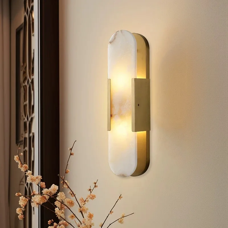 

2025 New Nordic Copper Spanish Natural Marble Wall Lamp, Dimmable Lustre Sconce for Villa Bar, Trendy Home Decor Light