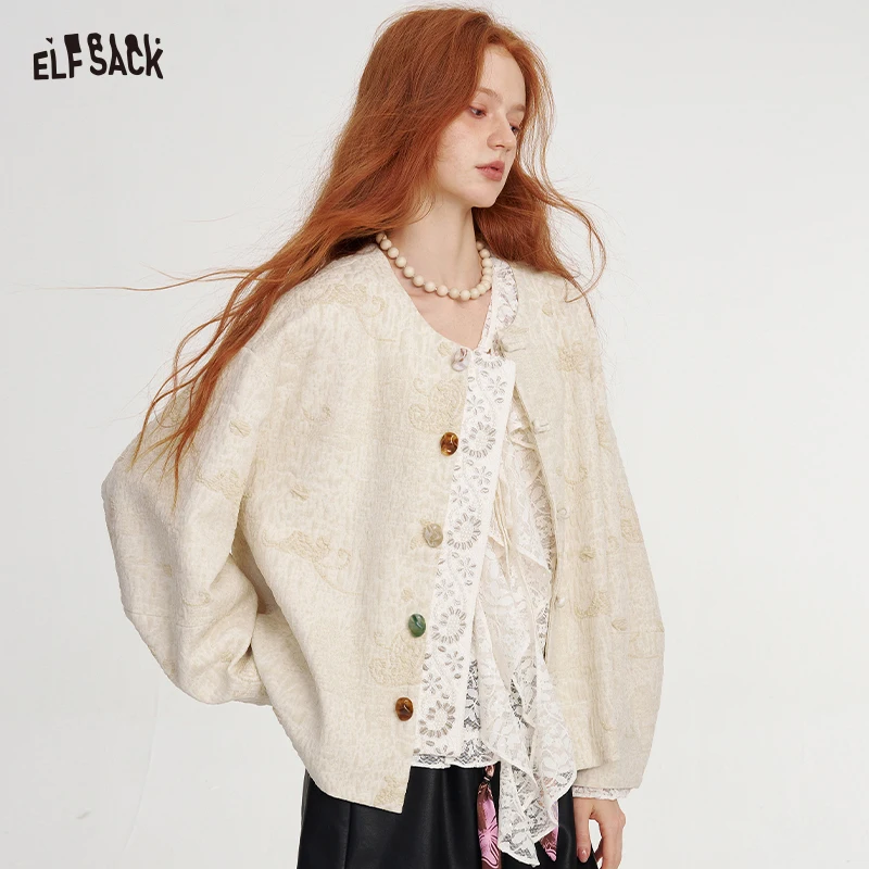 ELFSACK Women's Neo-Chinese Outerwear with Embroidery, Loose Long Sleeve Jacket, Casual Oriental Coat for Daily