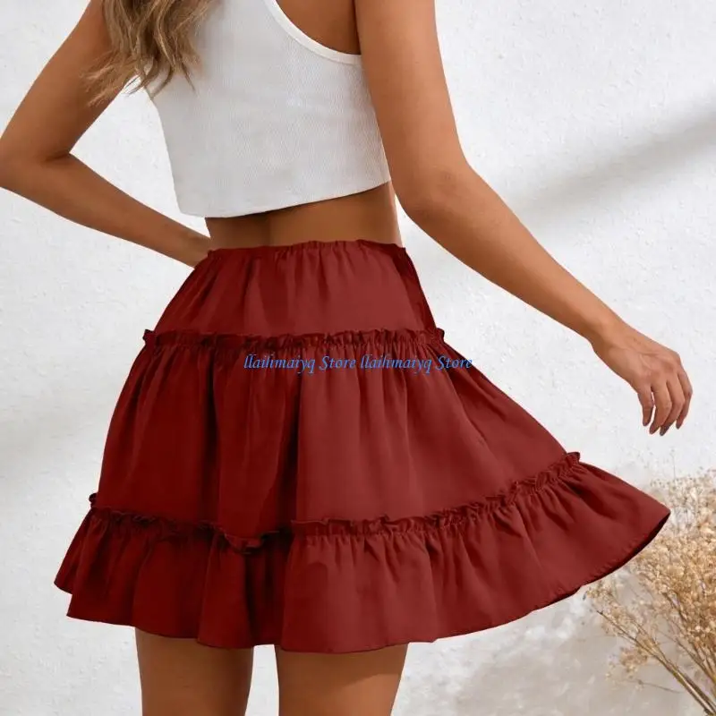 573B Women's Basic Flowy Skirts Vacation Flared Ruffle Tiered Elastic Waist Casual A-Line Skirt