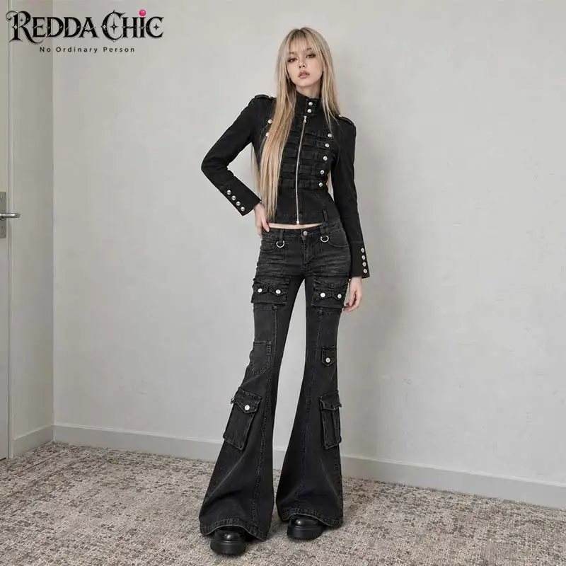 REDDACHiC Napoleon Military Jacket Jeans Women Set Vintage Black Zipper Denim Crop Jackets Do Old Flared Jeans Grunge Clothes