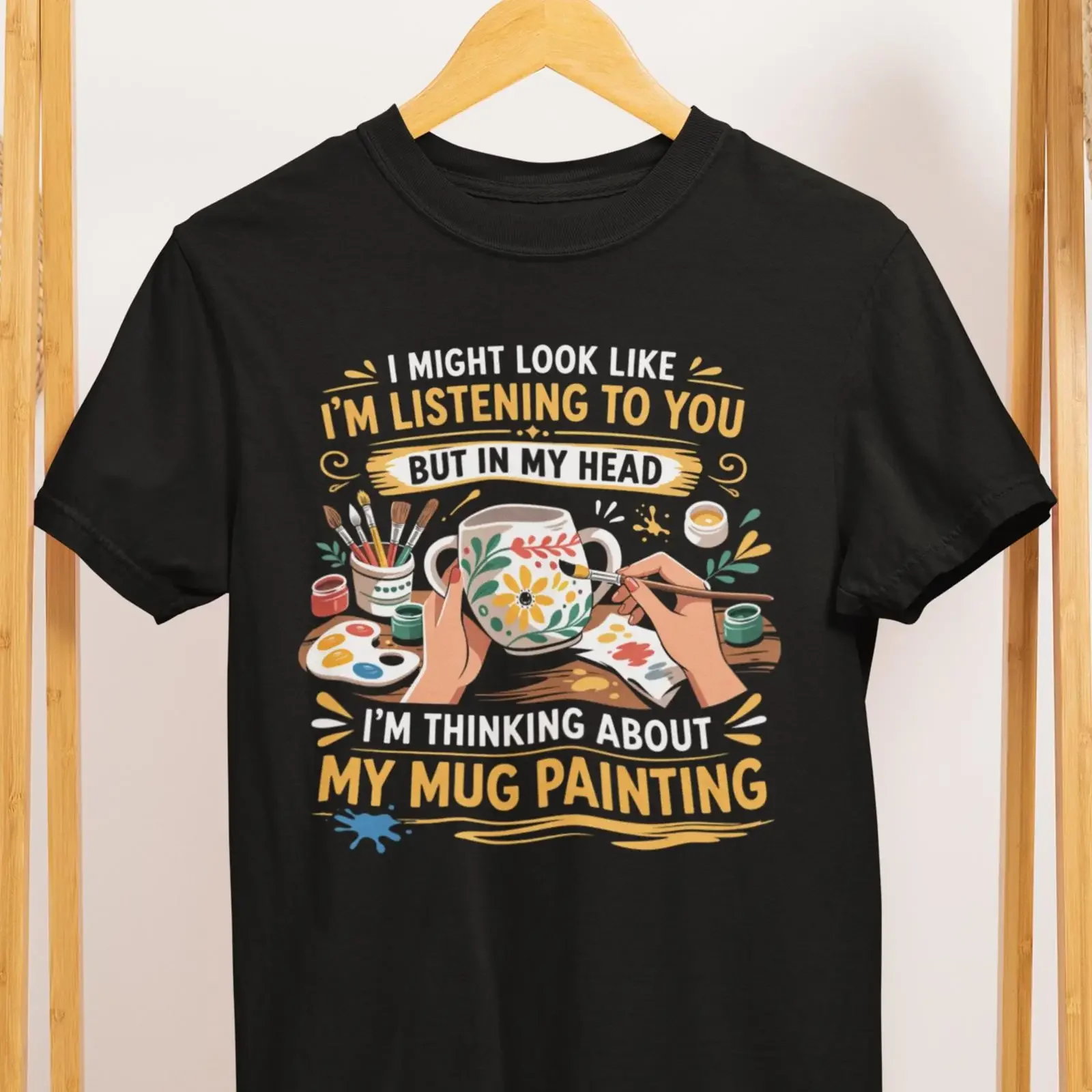 Mug Painting T Shirt Funny Ceramic ArT Creative Hobby  vintage Washed designer clothes Comfortable graphic Slightly Stretched