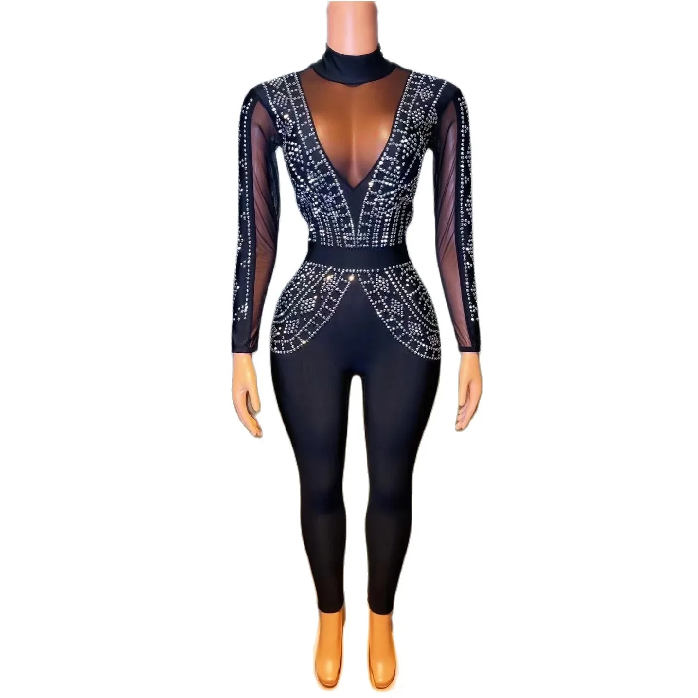 

Black Shining Rhinestones Sexy Long Sleeves Jumpsuits For Women Nightclub DJ Clothing Pole Dance Prom Stage Singer Costumes