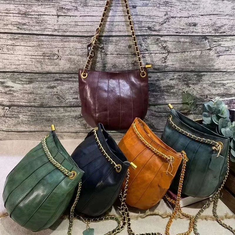 Women Chain Bags Luxury Handbags Top Quality Patchwork Bucket Handbag Female Vegetable Leather Vintage Shoulder Crossbody Bags