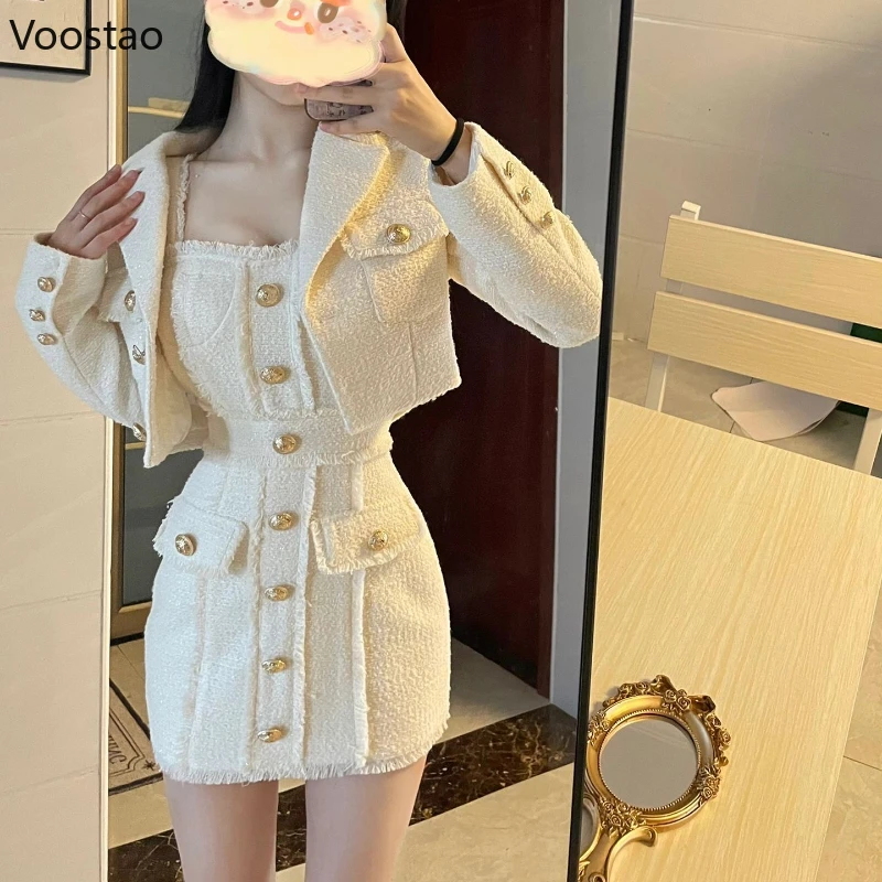 Elegant Vintage Dress Two Piece Set Women Casual Chic Short Jackets Mini Dress Suits Female Korean Fashion Tassel Party Outfits