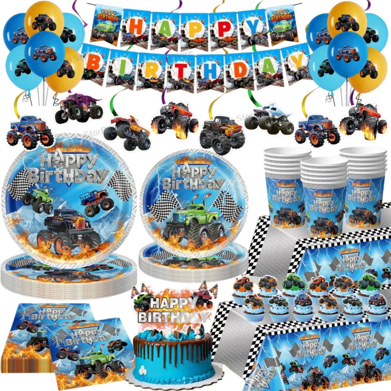 Monster Truck Party Supplies Paper Disposable Tableware Cups Plates Napkins Tablecloth for Kids Boys Birthday Party Decorations