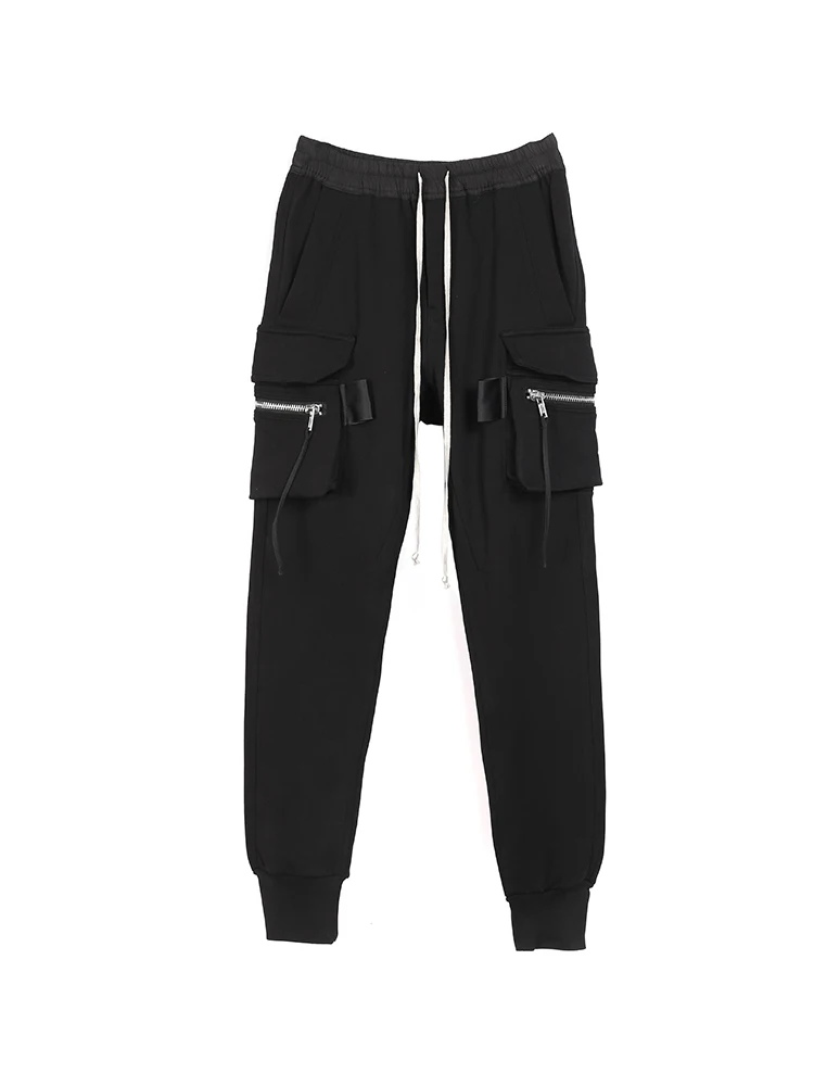 High Street Dark RO Black Pants Men's Side Zipper Pockets Elastic Waist Work Pants with Multiple Pockets Sweatpant Casual Pants