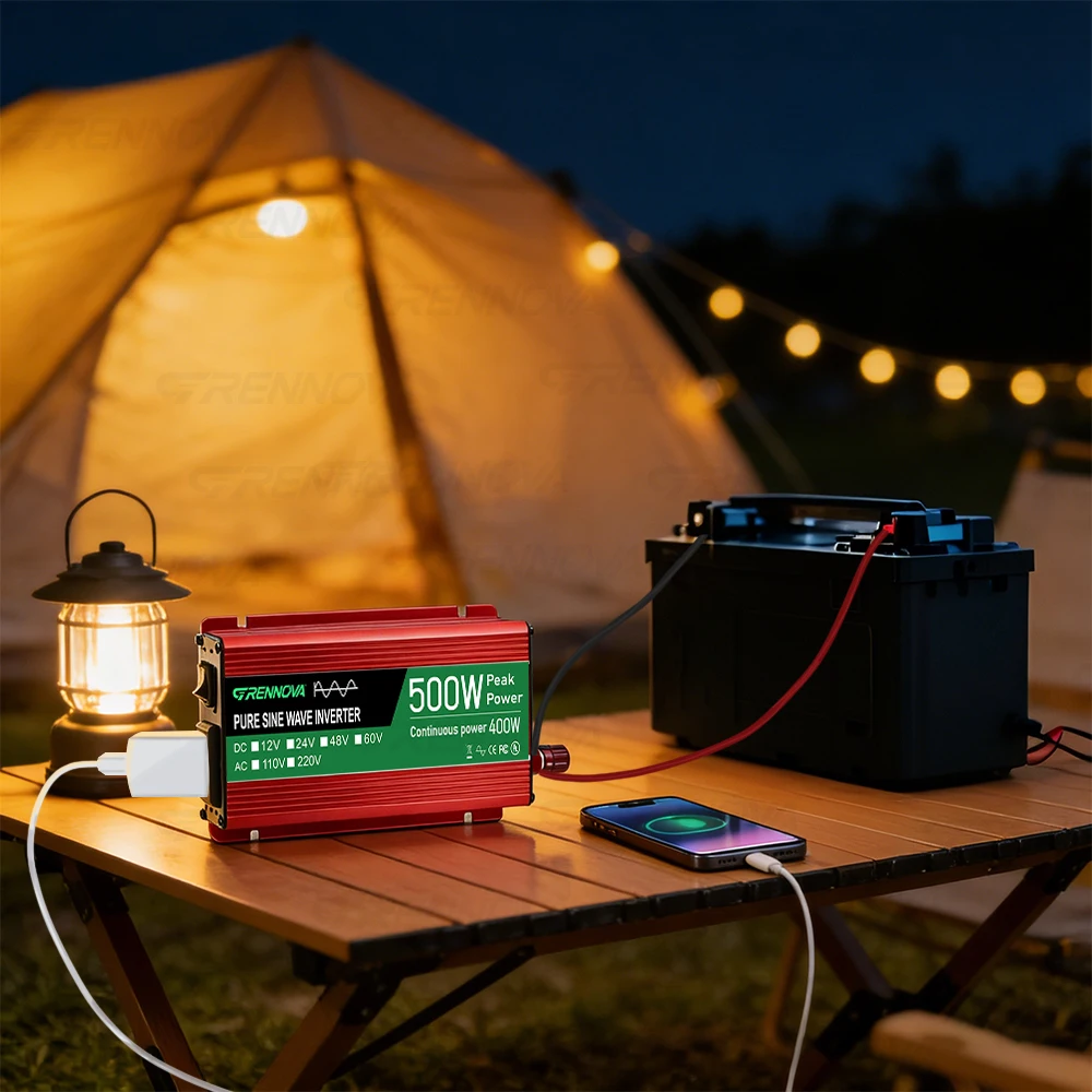 Pure Sine Wave Inverter 500W DC 12V/24V/48V/60V to AC 110V/220V Voltage Transformer Real Power 400W for Home Solar System