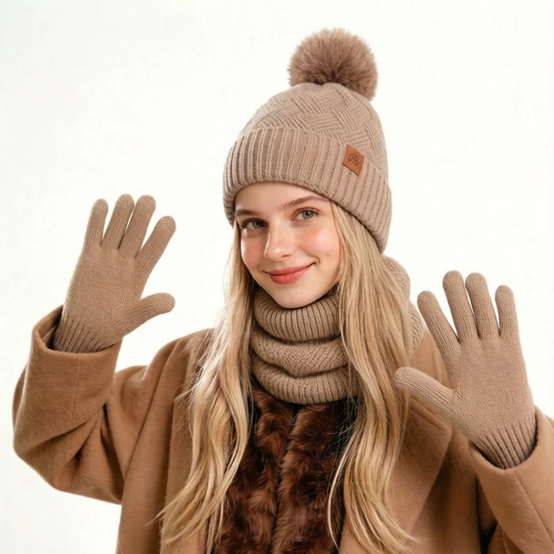 Autumn and Winter Woolen Hat, Scarf, and Gloves Three-Piece Set, Warm and Thickened Knitted Women's Cold-Proof Set
