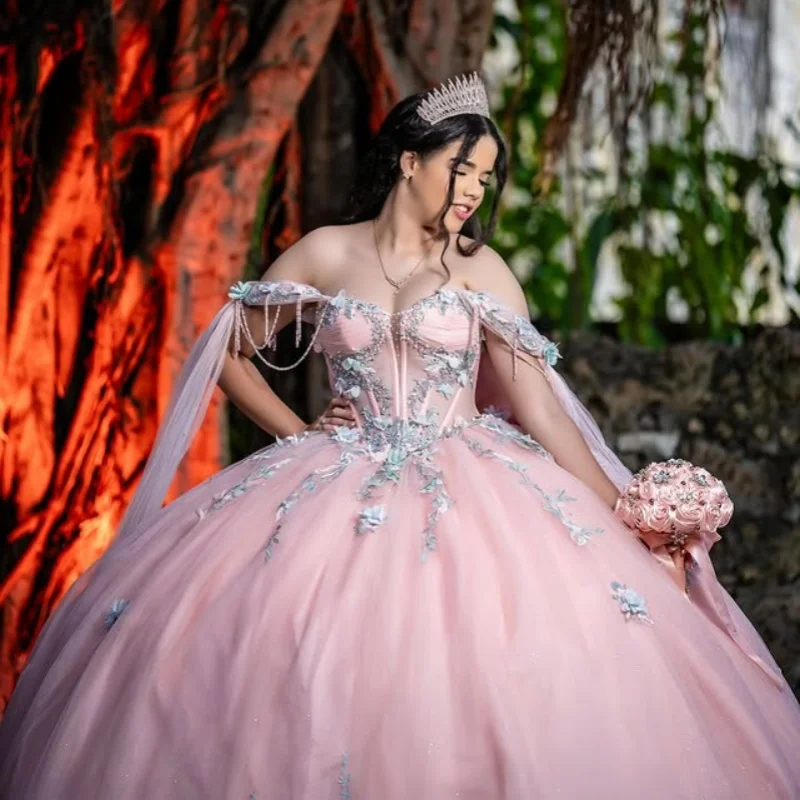 

Pink Quinceanera Dress off-shoulder beading Lace glitter 3D flower decal Bow vestidos de 15 Quinceanera ﻿Customized