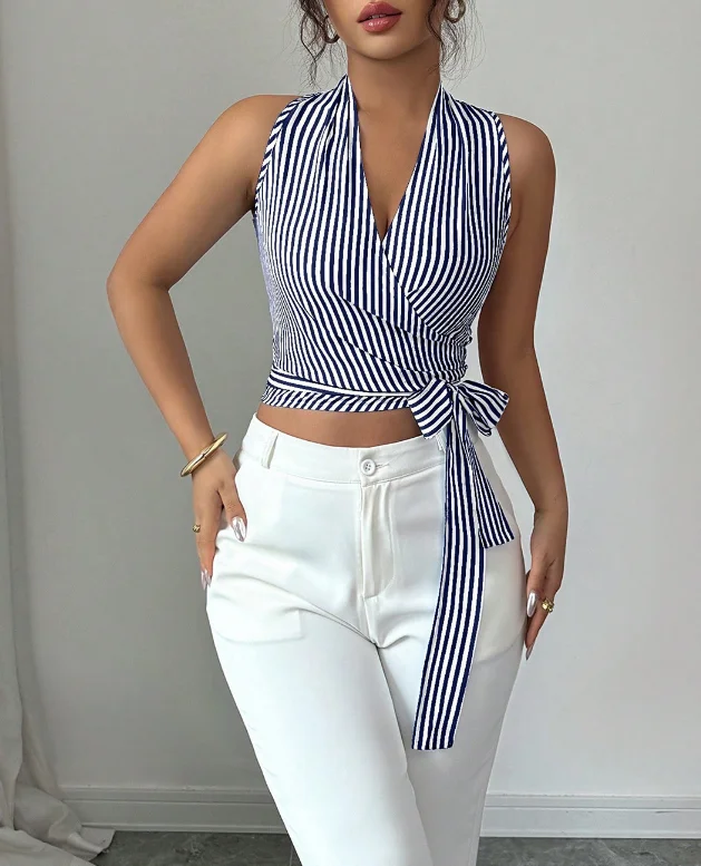 

Women's Vest Summer New French Elegant Fashion Style Color Blocked Striped Print Deep V-Neck Tie Waist Design Sleeveless Vest