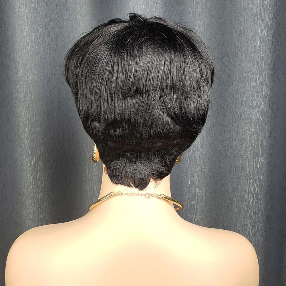 짧은 스트레이트 픽시컷 가발 블랙 그레이 밥 가발 앞머리 포함 기계 제작 브라질 레미 인모 가발 흑인 여성용