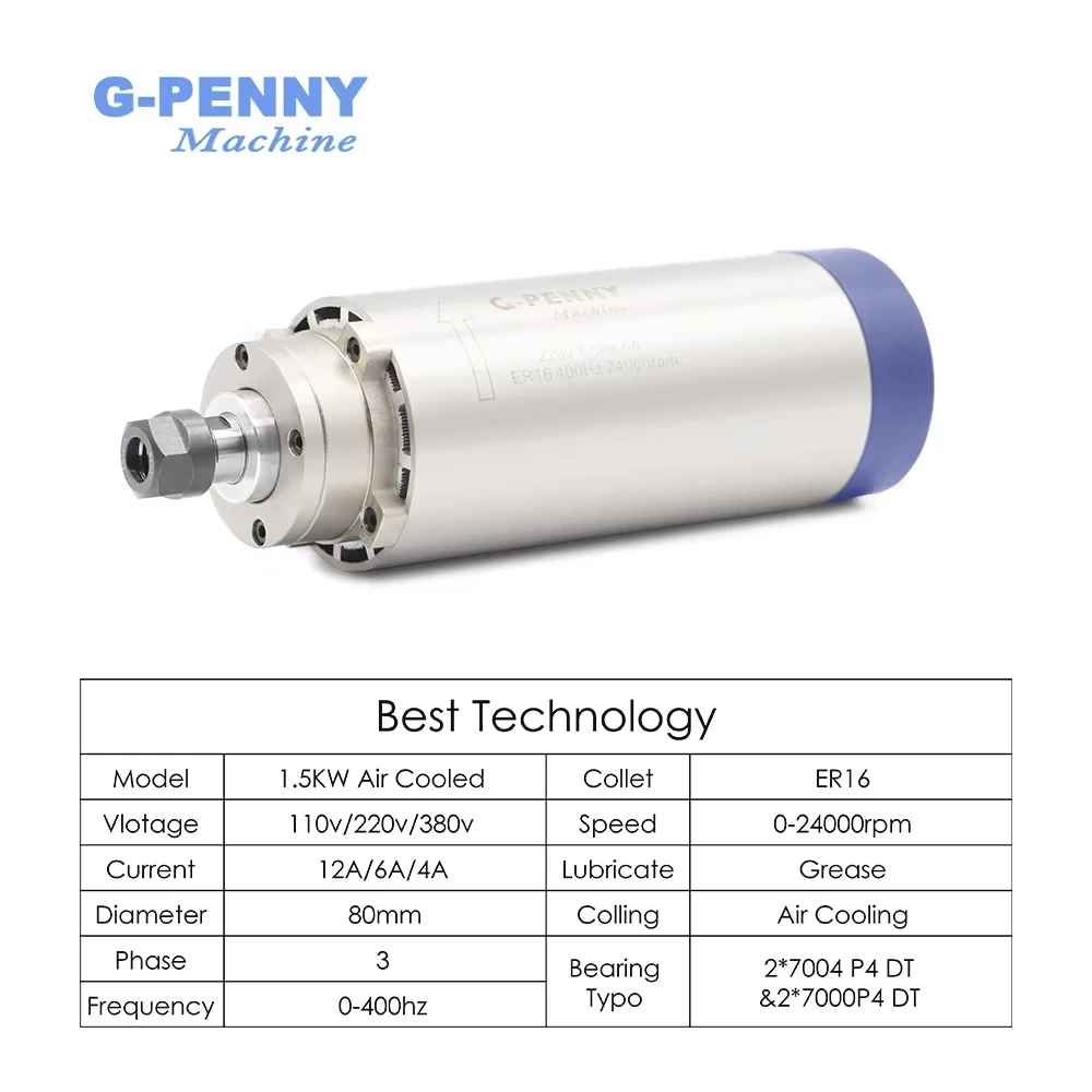 CNC milling spindle 1.5kw ER16 air cooled spindle 400Hz 0-24000rpm air cooling 4 bearings accuracy 0.01mm wood working spindle