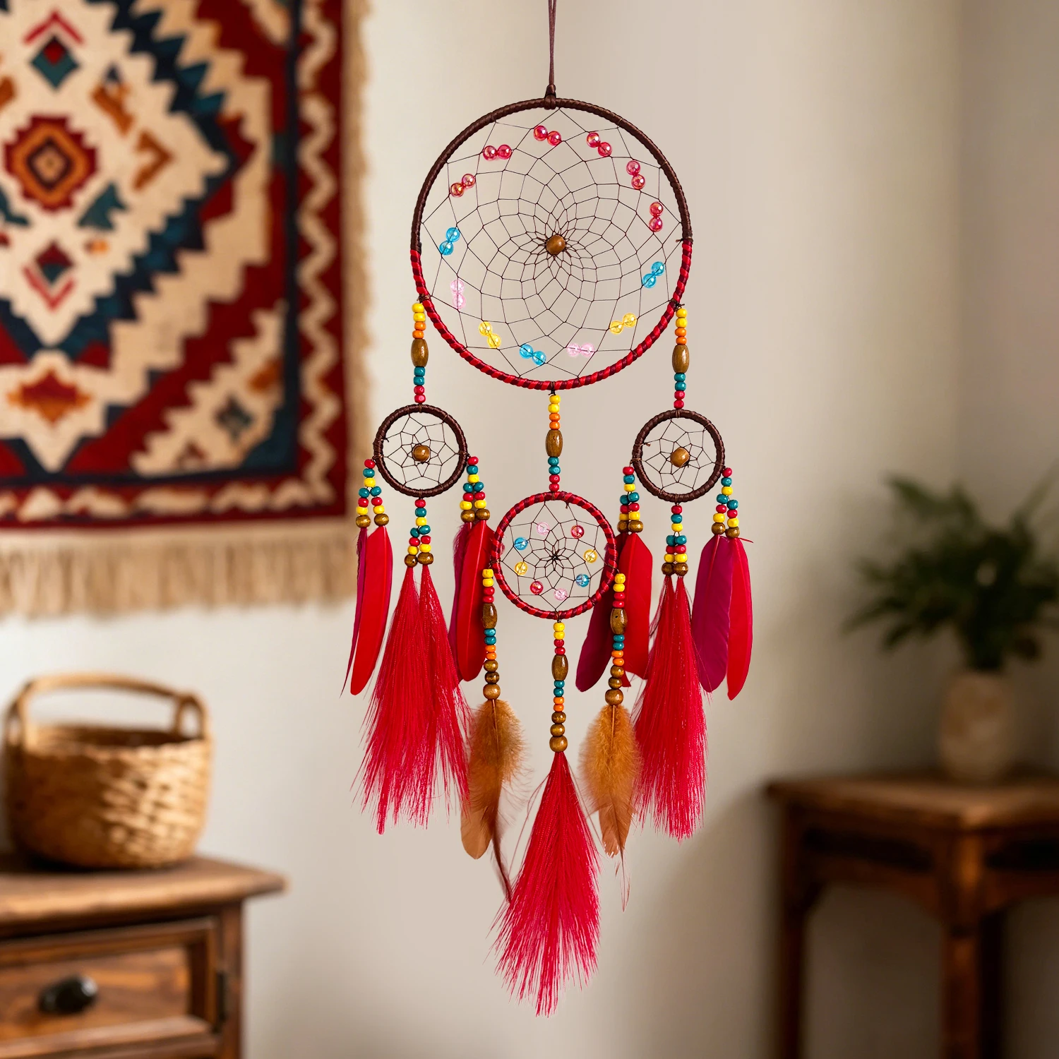 Ethnic Bohemian Dream Catcher with Red Long Feathers Colorful Beads 4‑Ring Hand Woven Wall Hanging Decor Boho Bedroom Ornaments