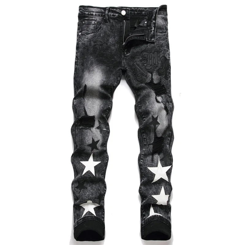 

Slim Fit Stretch Black Men's Cotton Bullet Embroidered Leather Label Ripped Star Fashion Men's Jeans