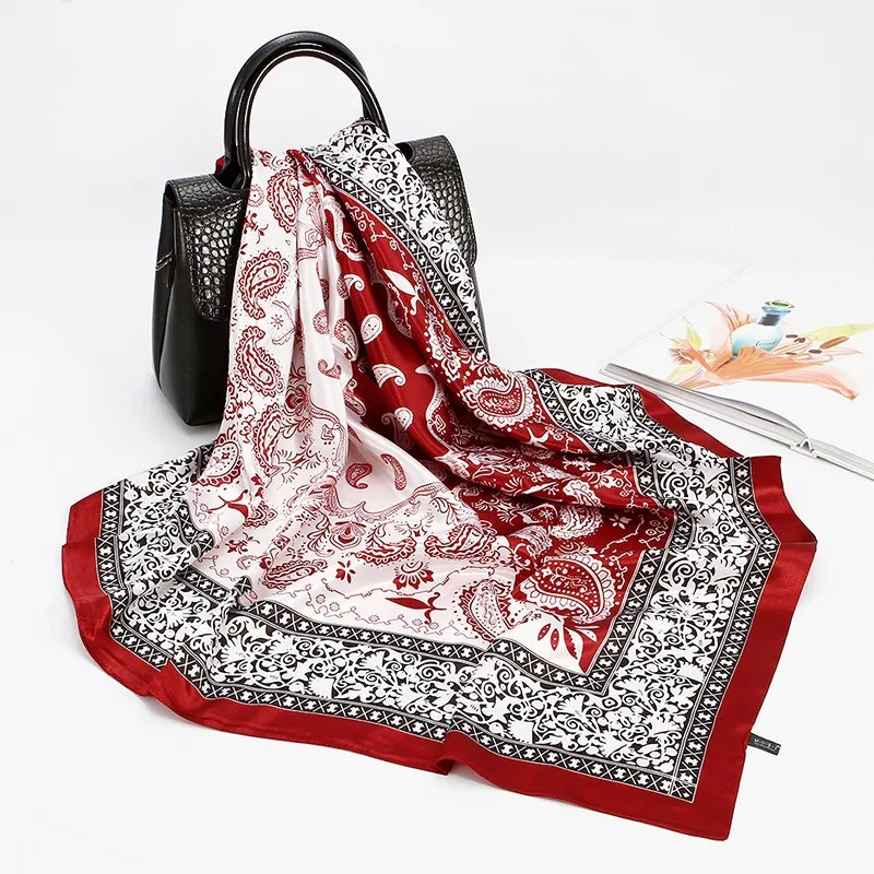 90cm Black and White Color-blocked Cashew Print Scarf for Women Fashionable Silk Scarf for Temperament Versatile Shawl Headscarf