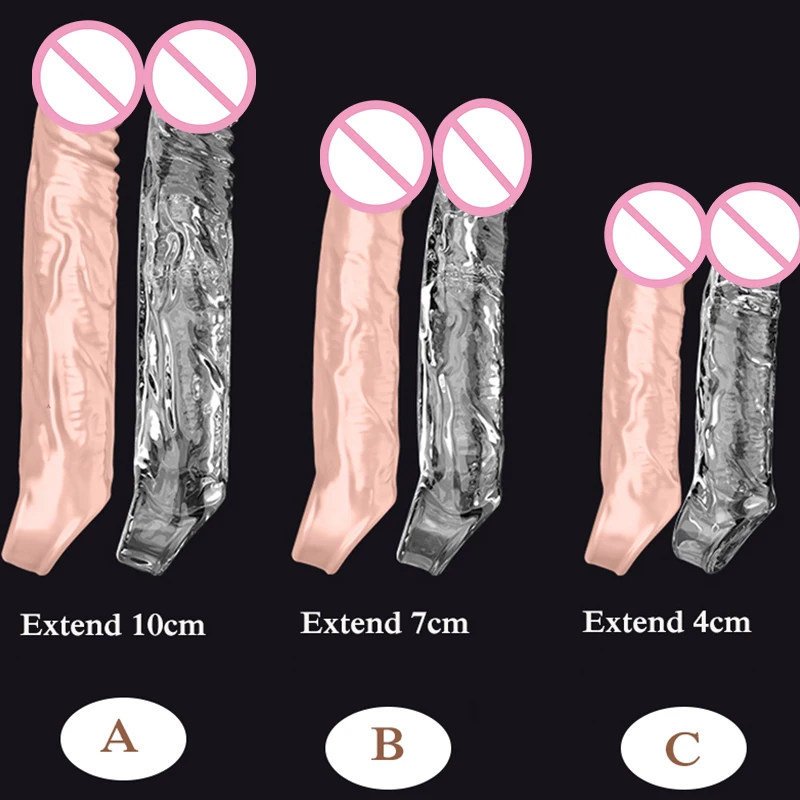 Extend 4/7/10cm Penis Sleeve Realistic Condoms Penis Extender Delay Ejaculation Dildo Enhancer Male Cock Enlarge Sleeves For Men