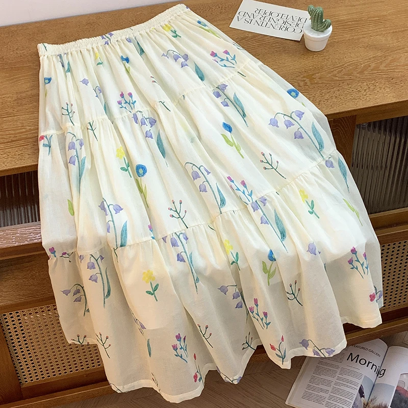 

Женская хлопково-льняная тонкая длинная юбка-миди с ручной росписью и принтом, повседневная уличная одежда