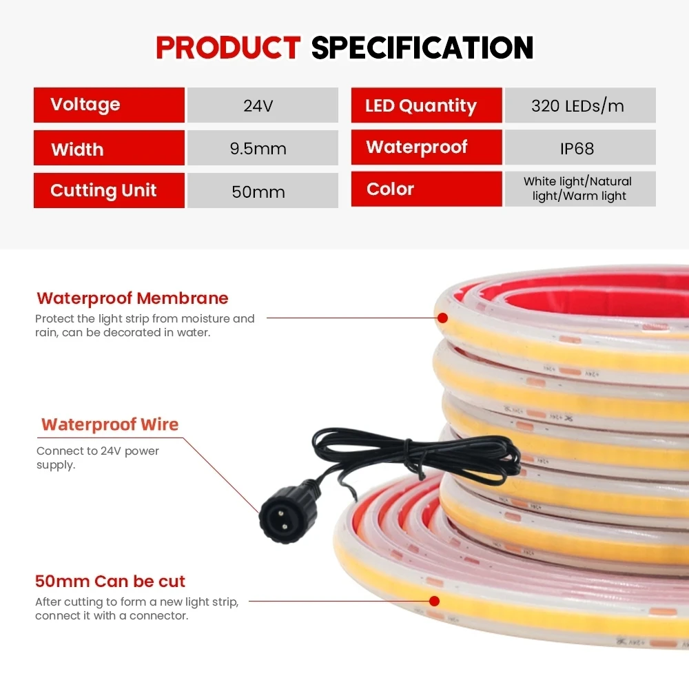24V COB Strip IP68 Waterproof White Solar Powered Flexible Ribbon Rope LED Light For Outdoor Garden Decoration