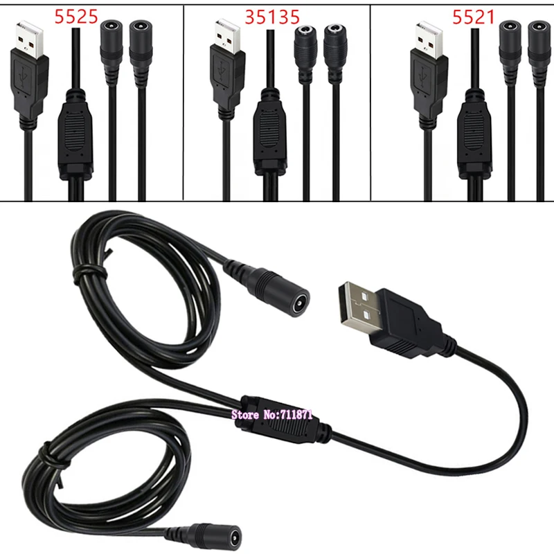 Usb to DC 5521 5525 35135 Power cable Cord 2.0 Usb Male 2 Two 5.5*2.1 5.5*2.5 3.5*1.35 DC Power Line Wire Usb to 2 DC Power Cord