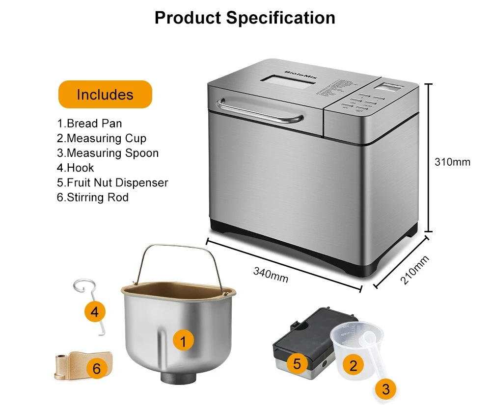 Non-stick ceramic baking pan and digital touch panel stainless steel bread maker bread maker with fruit and nut dispenser,