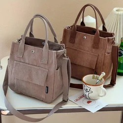 Literary Corduroy Multi-pocket Hand-carried Cross-body Tote Bag for Students Simple and Versatile Portable Lunch Box Bag