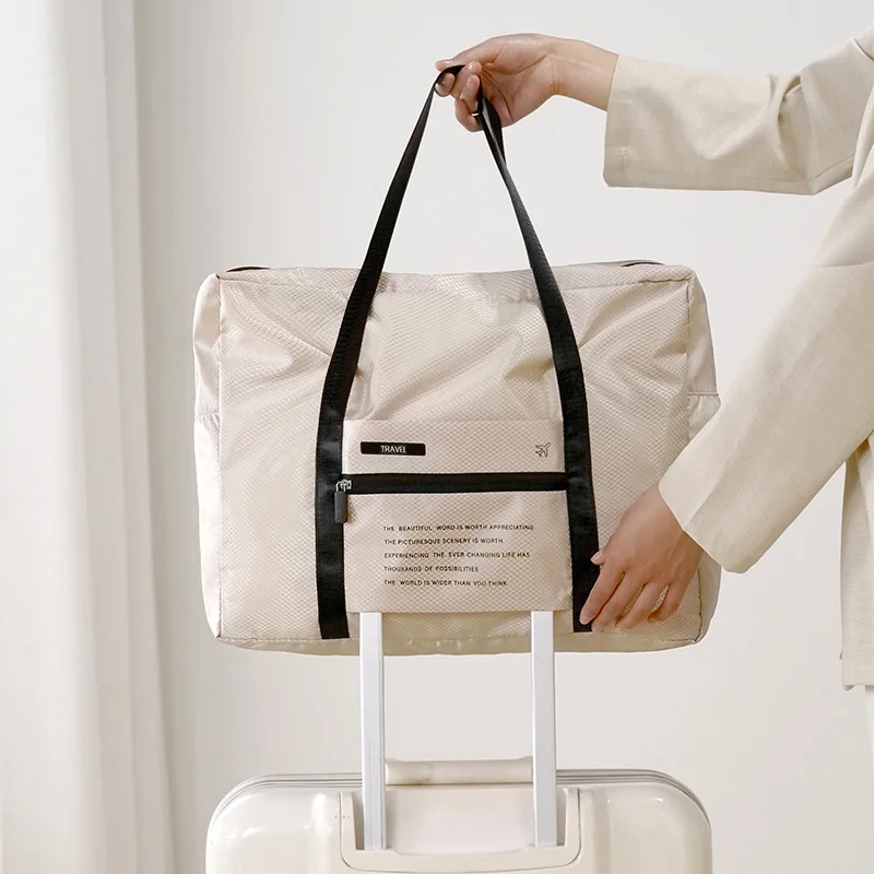 Women's Beige Travel Duffel Bag with Luggage Strap and Front Pocket Large Capacity Weekender Tote for Trip Vacation Daily
