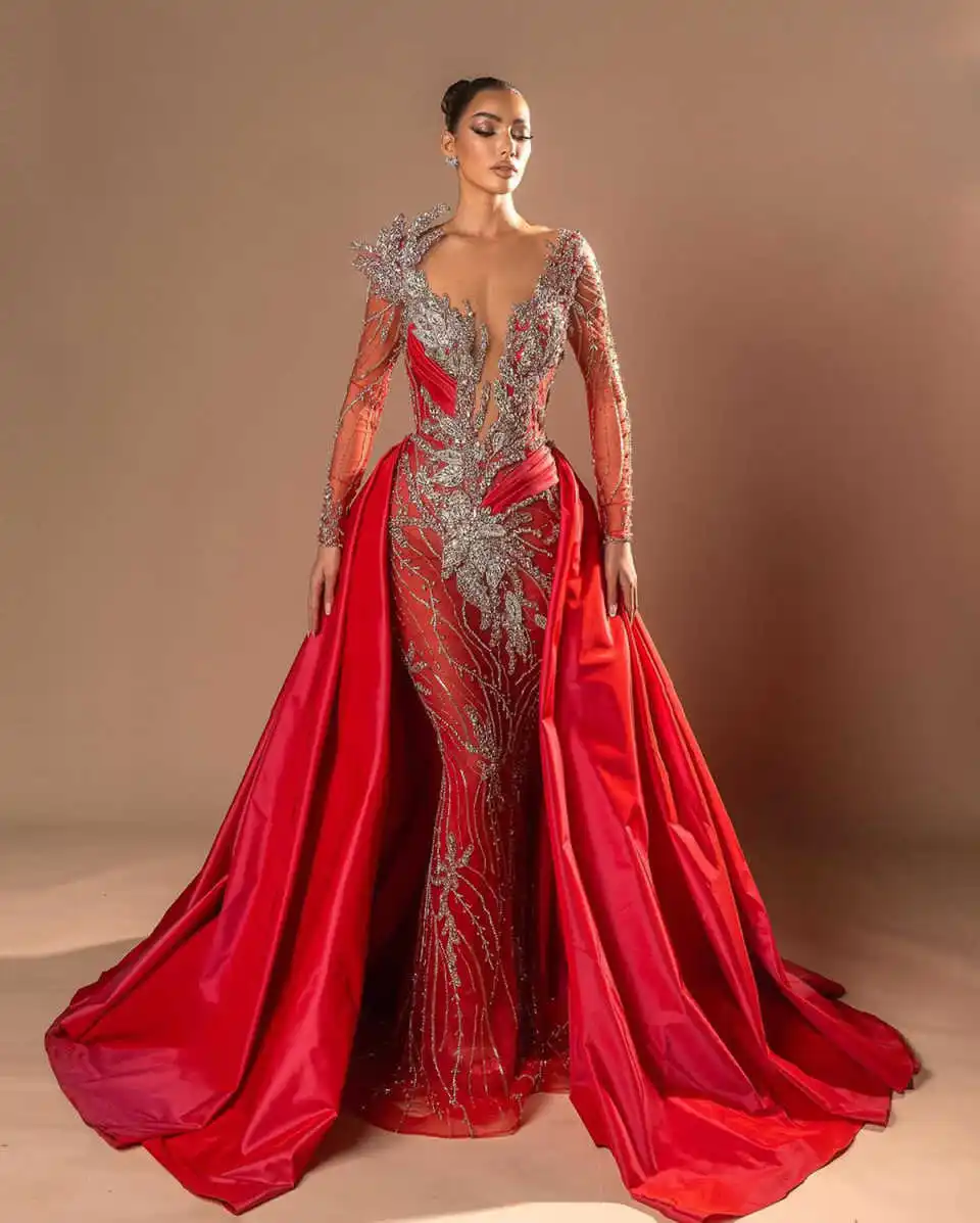 تصميم جديد فساتين السهرة حورية البحر أحجار الراين بلورات الخرز كم طويل فستان حفلات فساتين الحفلات Vestido De Noite مخصصة