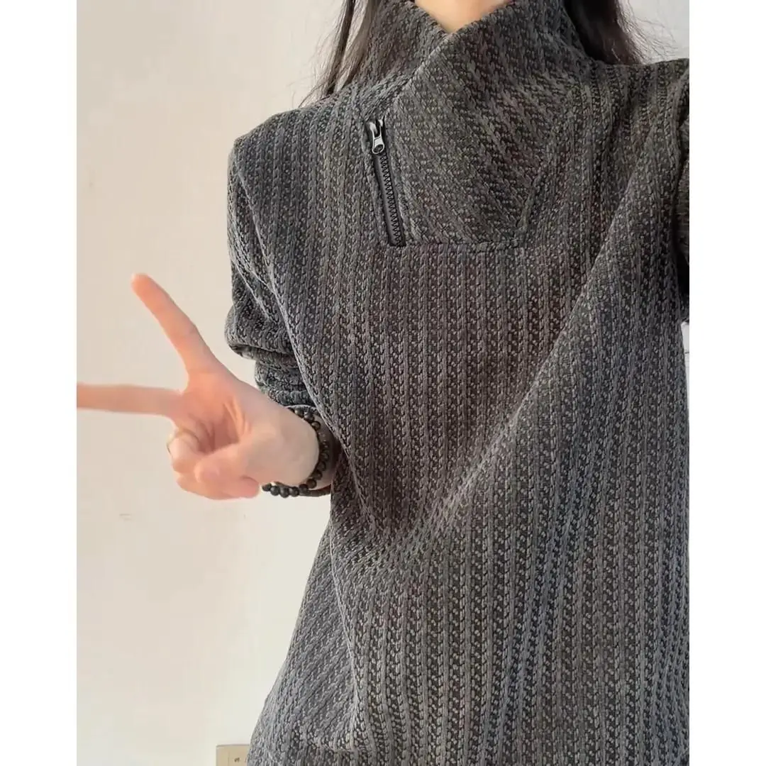diagonal neck zipper long-sleeved sweater women's spring, autumn and winter thickened fish bone pattern bottoming shirt T-shirt