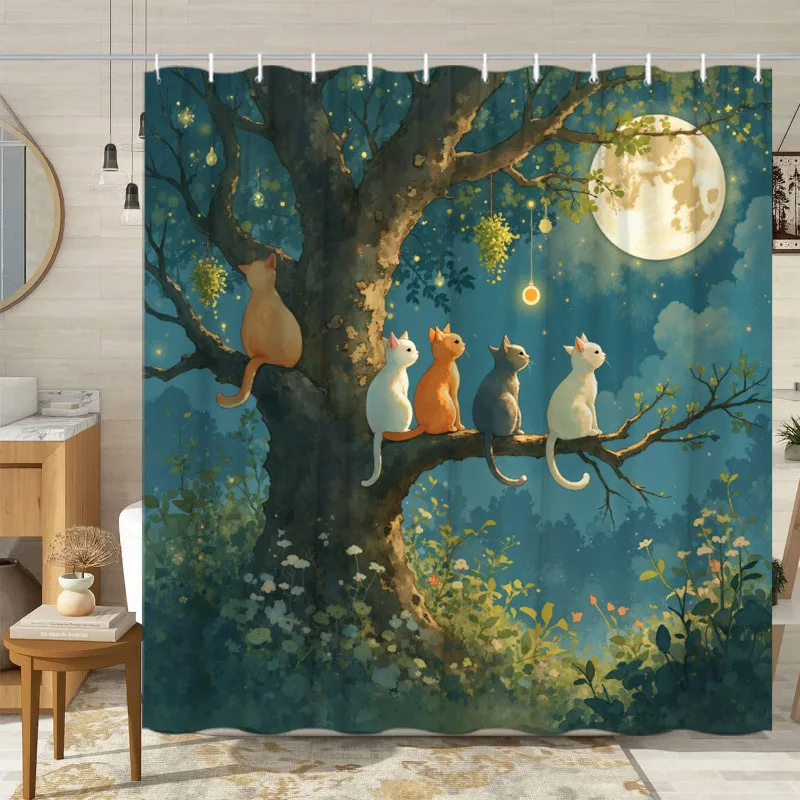 Charming Cats in Moonlit Forest Waterproof Shower Curtain - Adorable Night Scene, High-Quality Fabric, Durable and Stylish